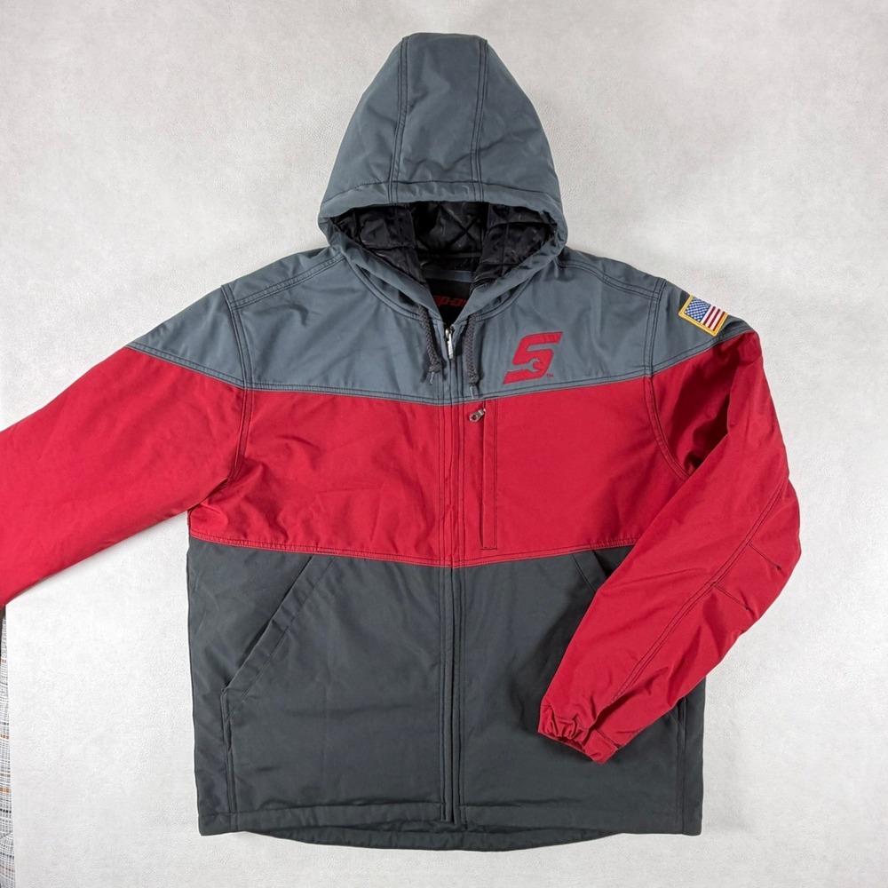 Snap-on Tools Mens XL‎ Hooded Work Jacket Quilted Red Gray Colorblock Full Zip